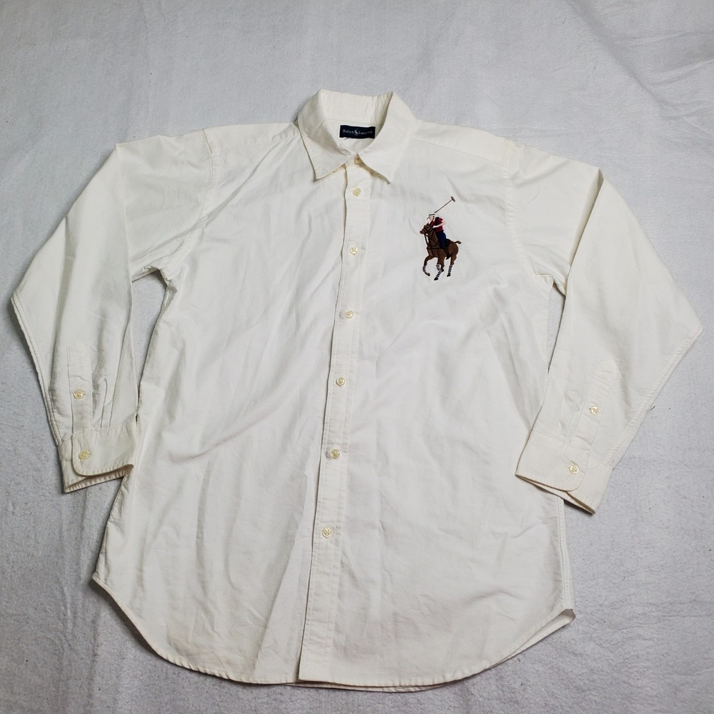 Ralph Lauren Mens Vintage Button Front Shirt White Big Pony Oxford Long Sleeve M